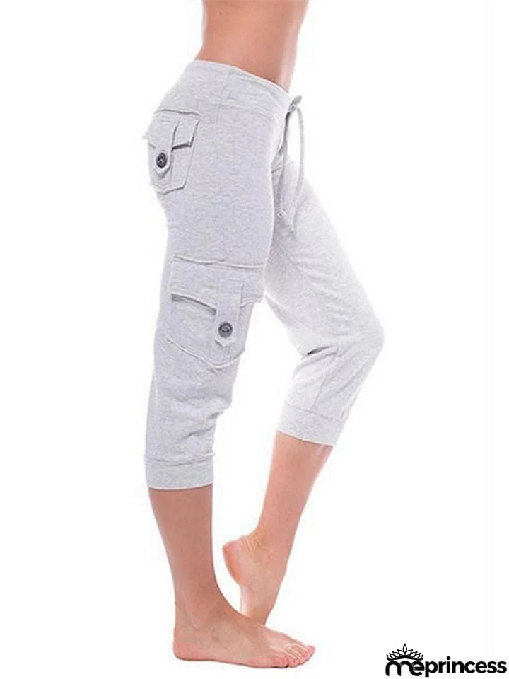 Stretch-Fit Drawstring Fastening Multi-Pocket Lightweight Capri Pants