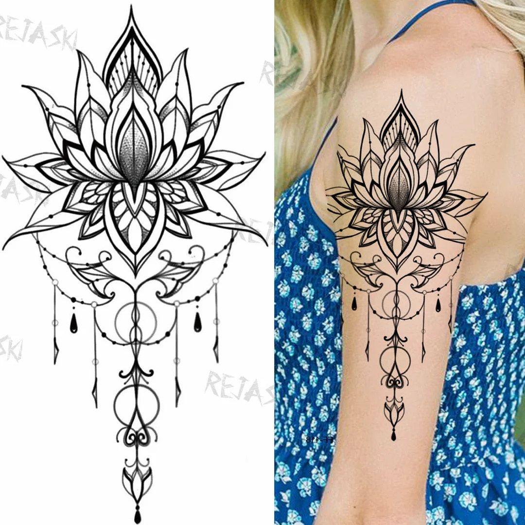 Mandala Flowers Temporary Tattoo For Women Black Henna Mehndi Tattoos Sticker Rose Lace Owl Fake Jewelry Tatoos Body Chest Back
