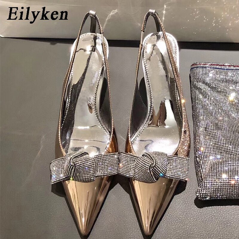 Eilyken 2021 New Summer Silver Rhinestone Pointed Stiletto Heels Fairy Wind Bow Baotou Butterfly-knot Pumps Sandals