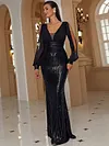 Evening Long Sleeves Wrap Solid V-Neck Dress