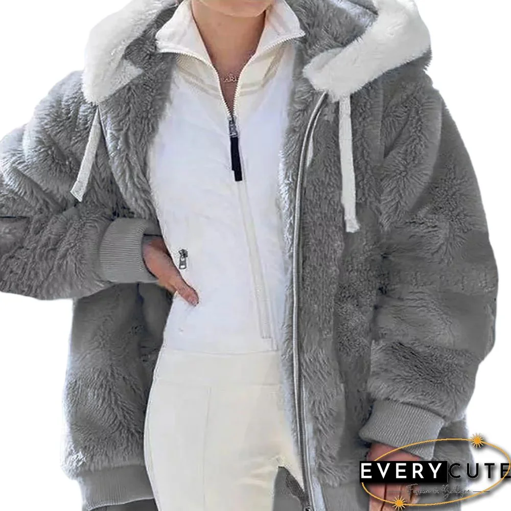 Gray Fluffy Plush Zipper Hoodie Coat
