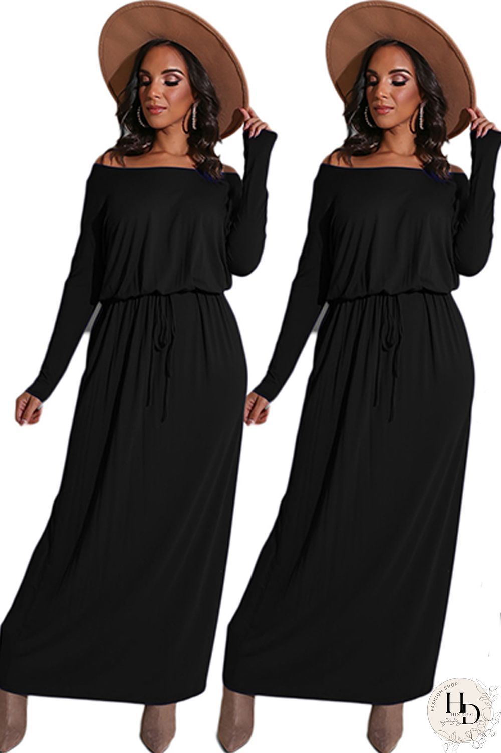 Blue Milk. Celebrities Off The Shoulder Long Sleeves One word collar Step Skirt Ankle-Length Solid