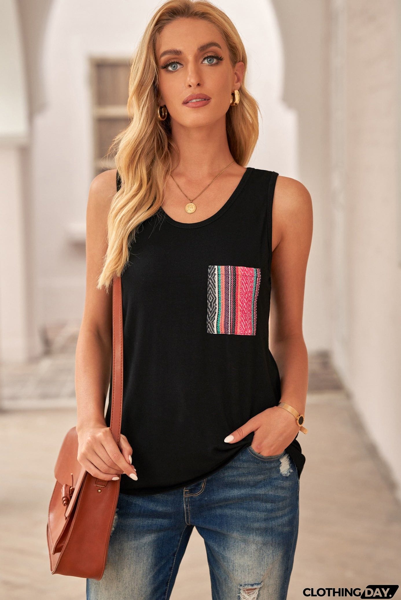 Casual Women Tank Top with Multicolor Pocket