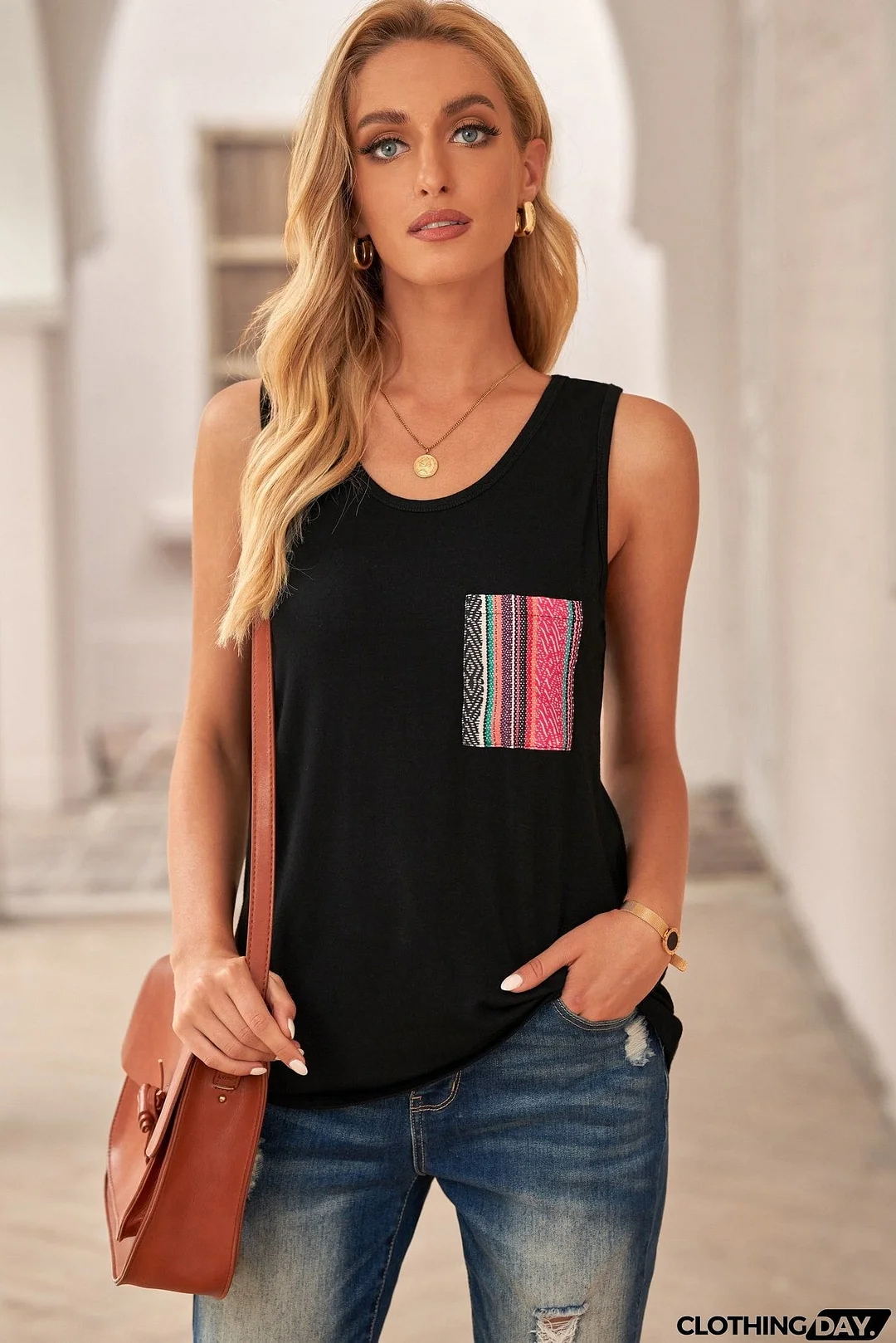 Casual Women Tank Top with Multicolor Pocket
