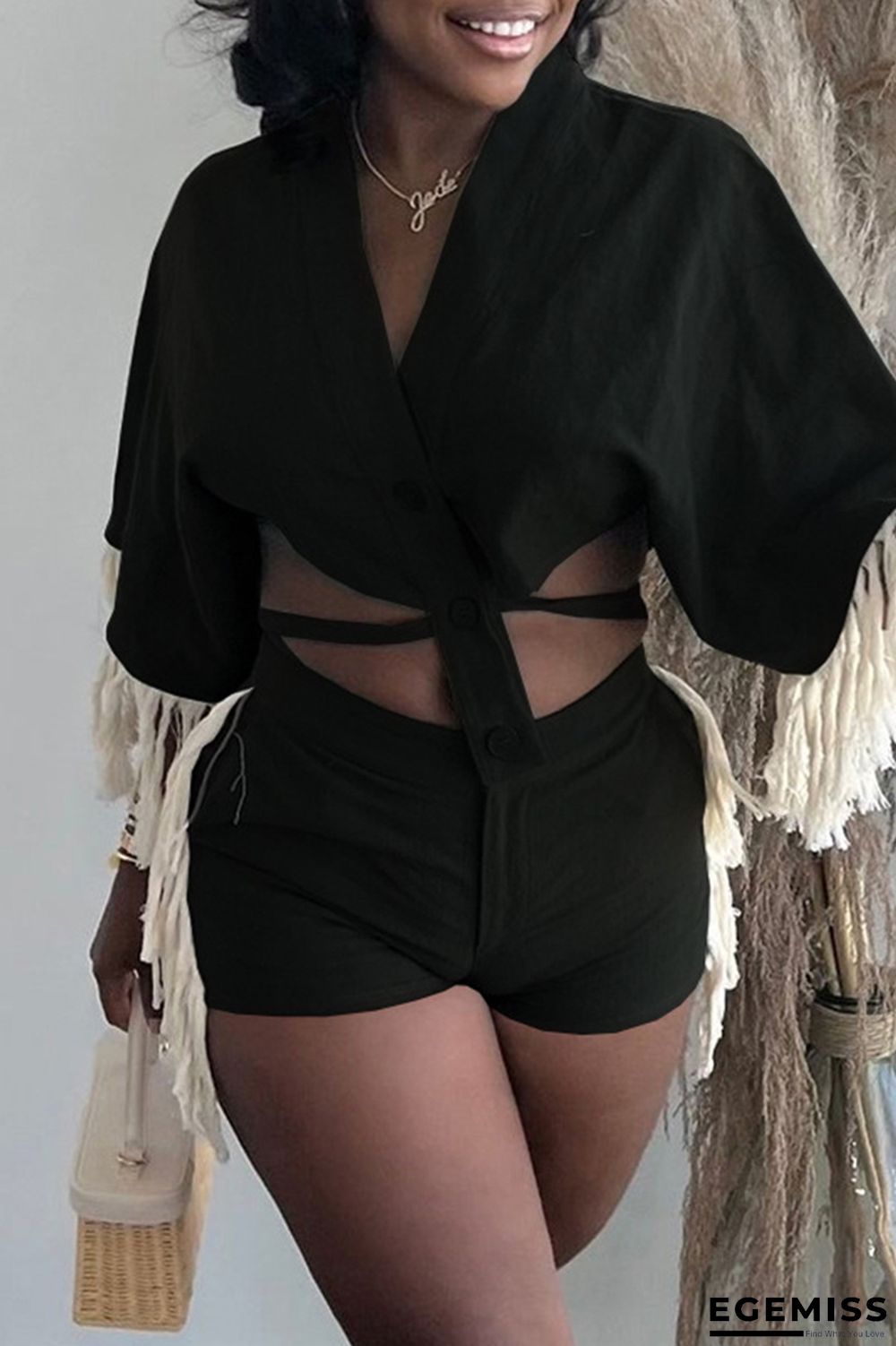 Black Fashion Casual Solid Tassel Patchwork Frenulum V Neck Half Sleeve Two Pieces | EGEMISS