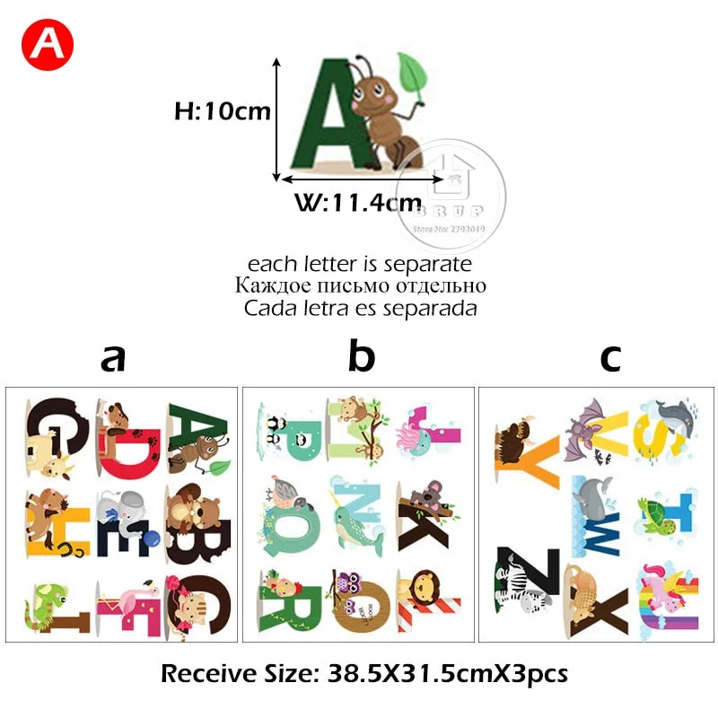 Cartoon Animals Alphabet Wall Stickers for Kids Room Decoration Decals for Baby Nursery Living Room Home Decor Murals Poster PVC