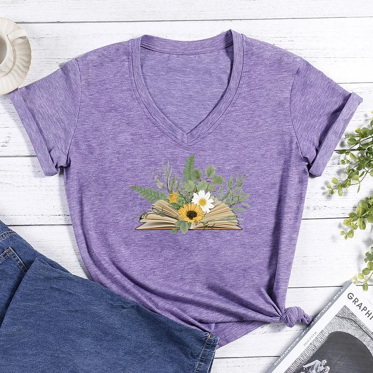 Open Book with Florals and Leaves V-neck T Shirt