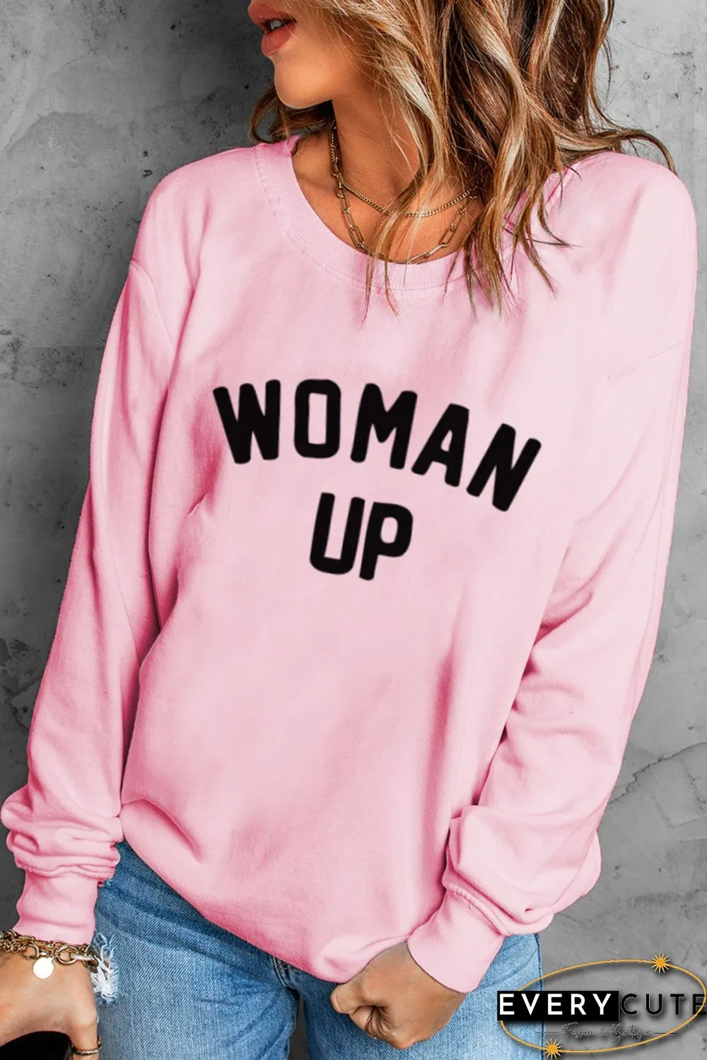 Pink WOMAN UP Drop Sleeve Crewneck Pullover Sweatshirt