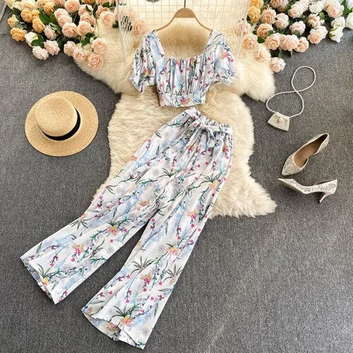 FTLZZ Summer Women Holiday Style Chiffon Printing Two Piece Set Short Shirt High Waist Wide Leg Pants Ladies Idyllic Style Sets