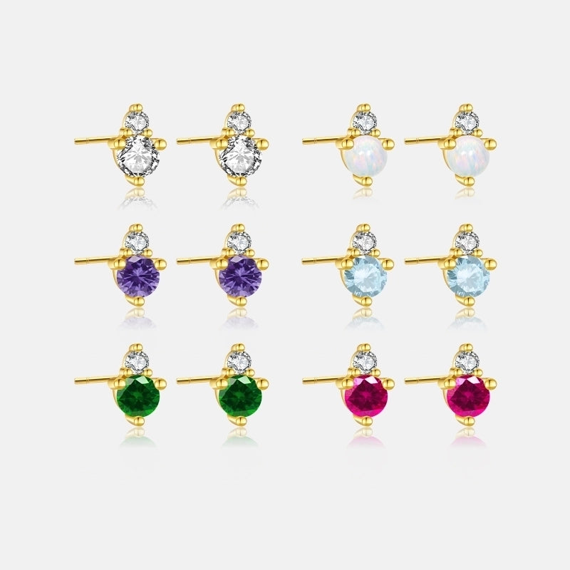 1 Pair 925 Sterling Silver Birthstone Round Ear Studs