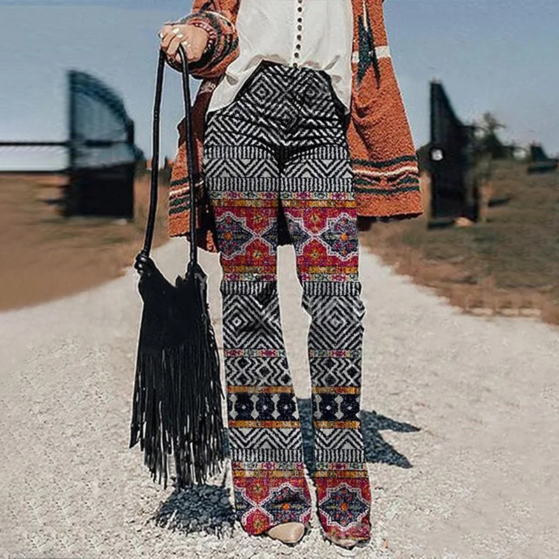 Western Vintage Print Casual Flared Pants