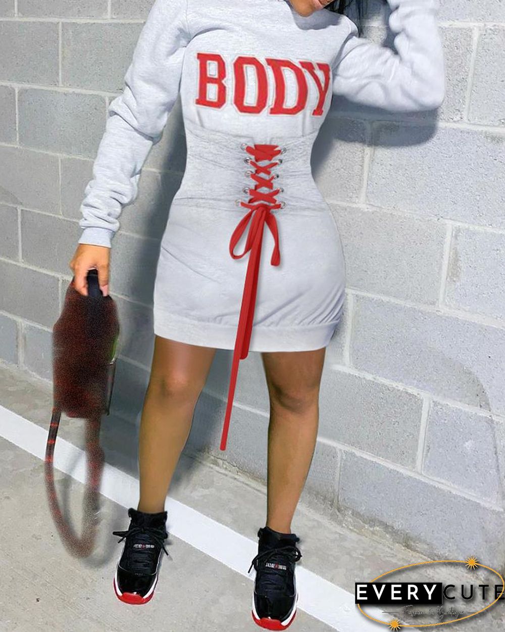Eyelet Lace-up Letter Print Hooded Sweatshirt Dress
