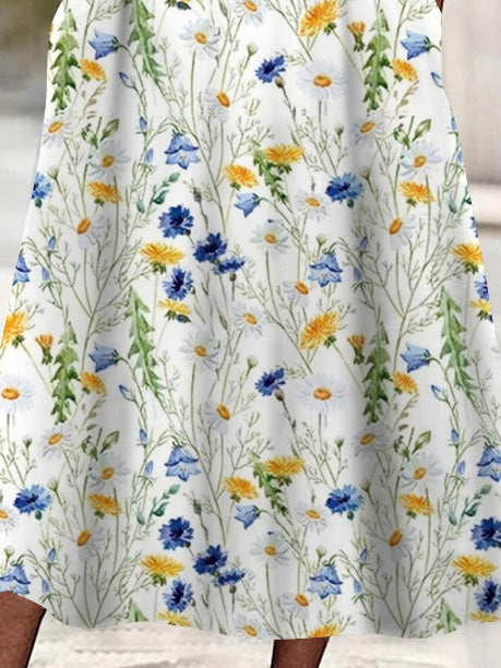 Women's 3/4 Sleeve V-neck Floral Printed Lace Stitching Midi Dress