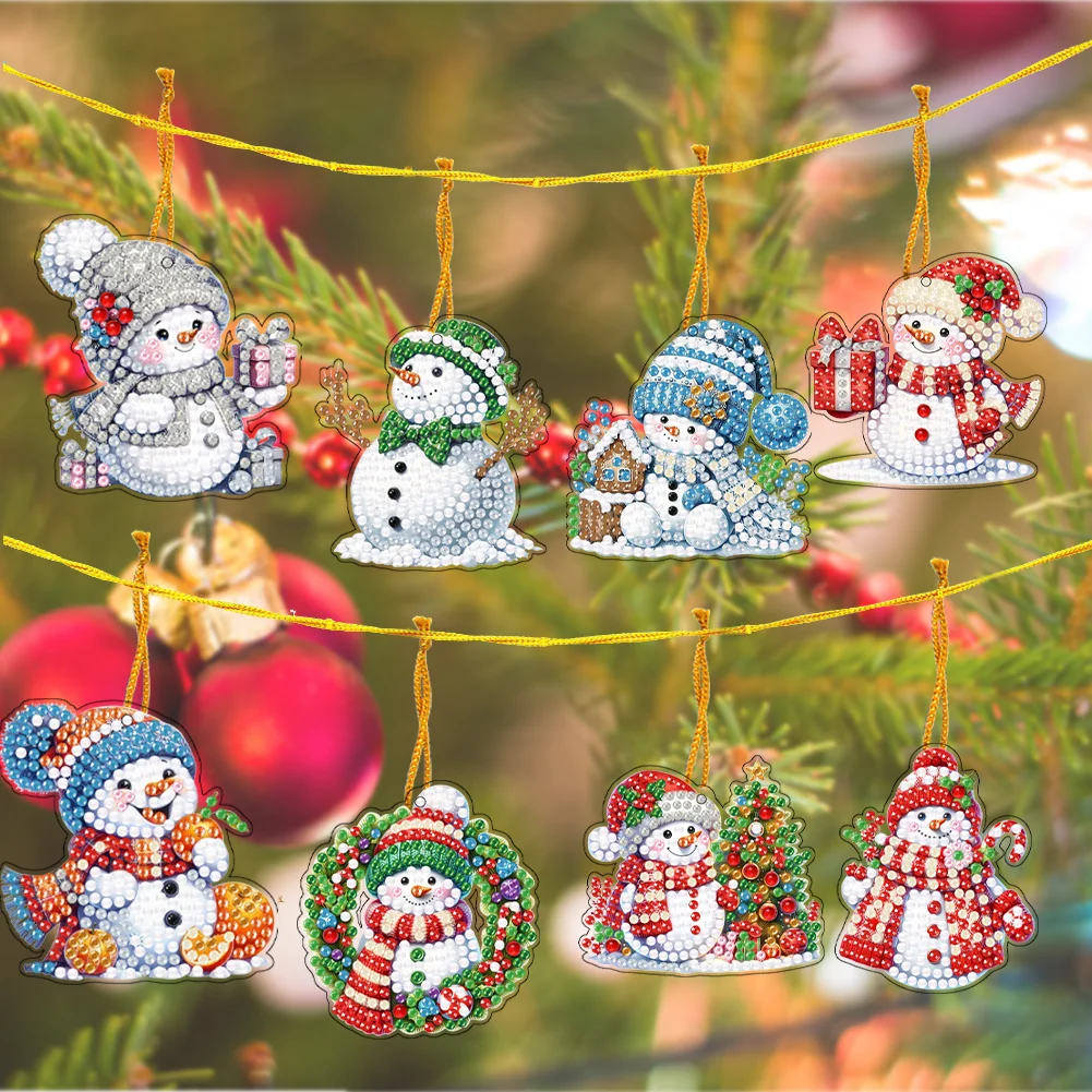 5D DIY 8Pcs Christmas Snowman Diamond Painting Christmas Tree Pendant for Xmas Tree 