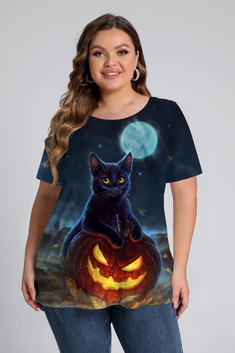 Flycurvy Plus Size Halloween Black Pumpkin Cat Moon Print Short Sleeve T-Shirt  flycurvy [product_label]