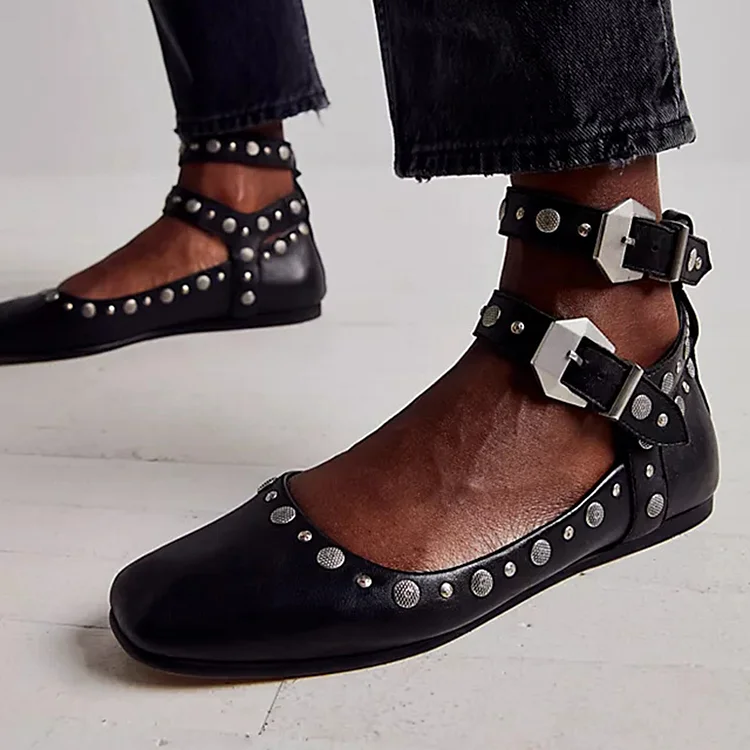 Black Square Toe Studs Flats Women's Casual Ankle Strap Buckle Shoes |FSJ Shoes