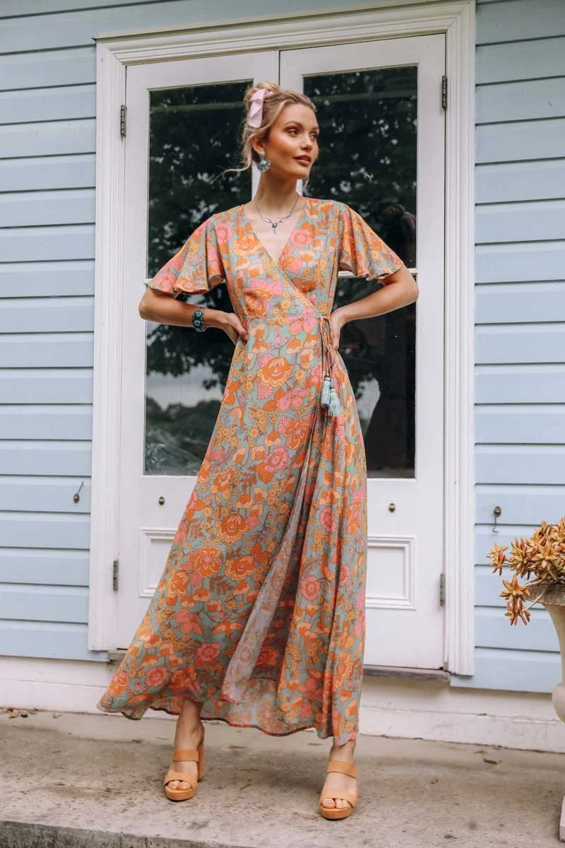 BOHO INSPIRED Ruffles orange Floral summer Bohemian Dress Vintage V-neck short Sleeve BOHO Dresses Holiday new women dress 2020