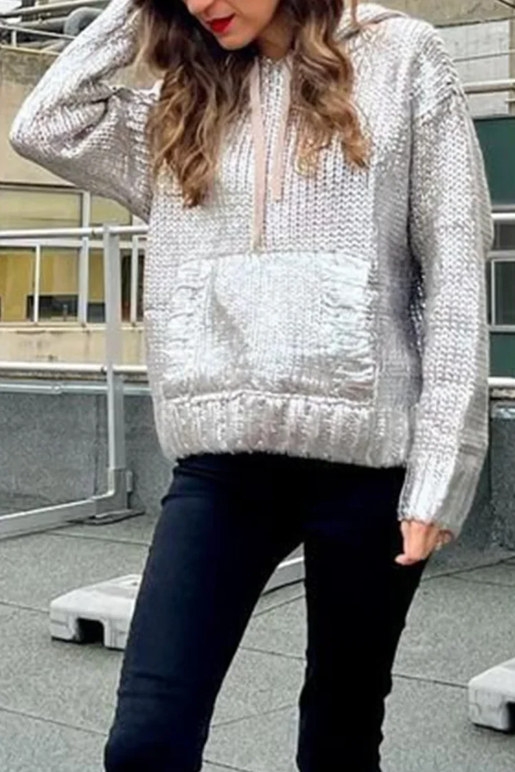 Street Solid Patchwork Pocket Hooded Collar Tops