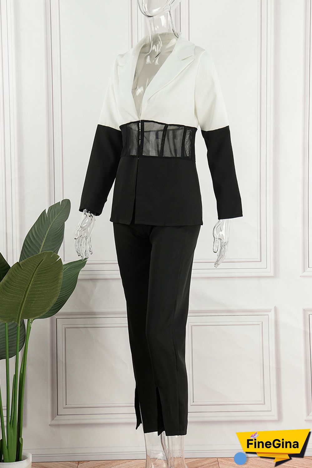 Pale Red Casual Patchwork Contrast Turndown Collar Long Sleeve Two Pieces