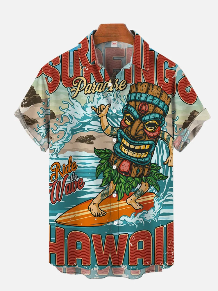 Hawaii Vintage Colorful Tiki Man Surfing Printing Short Sleeve Shirt