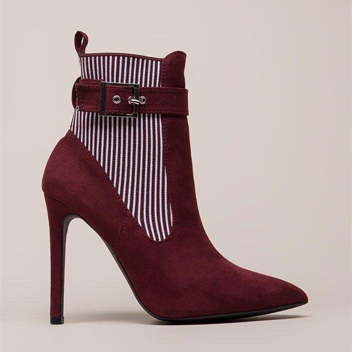 White Stripes Maroon Pointy Toe Stiletto Heel Buckle Ankle Booties Nicepairs