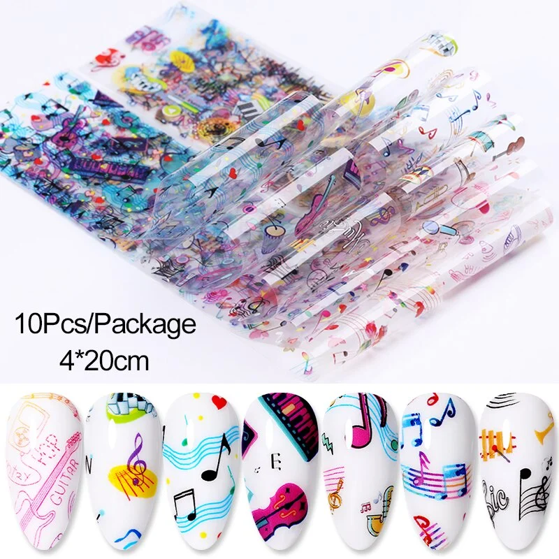 10Pcs Music Symbol Pattern Foil Nails Christmas Halloween Adhesive Nail Art Stickers Slider Decoration Manicuring Wraps