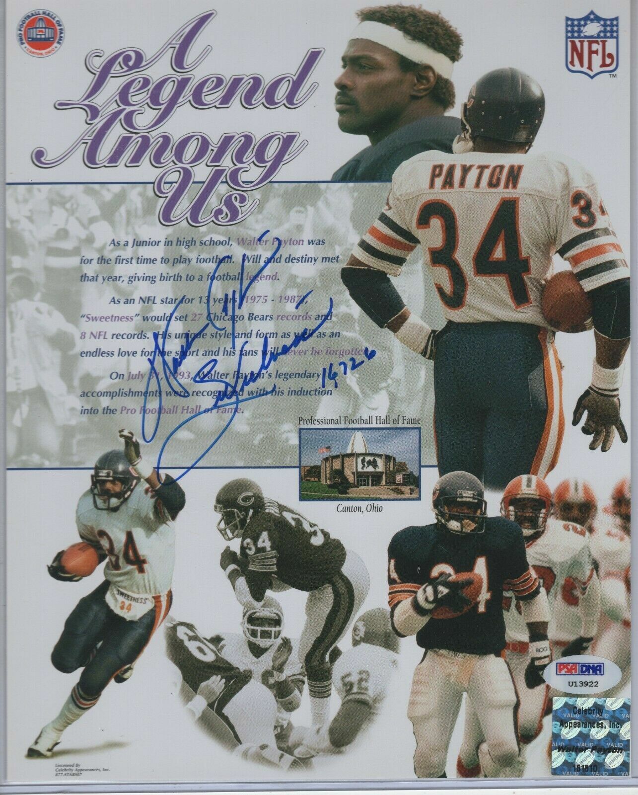 Walter Payton signed Chicago Bears 8x10 Photo Poster painting PSA