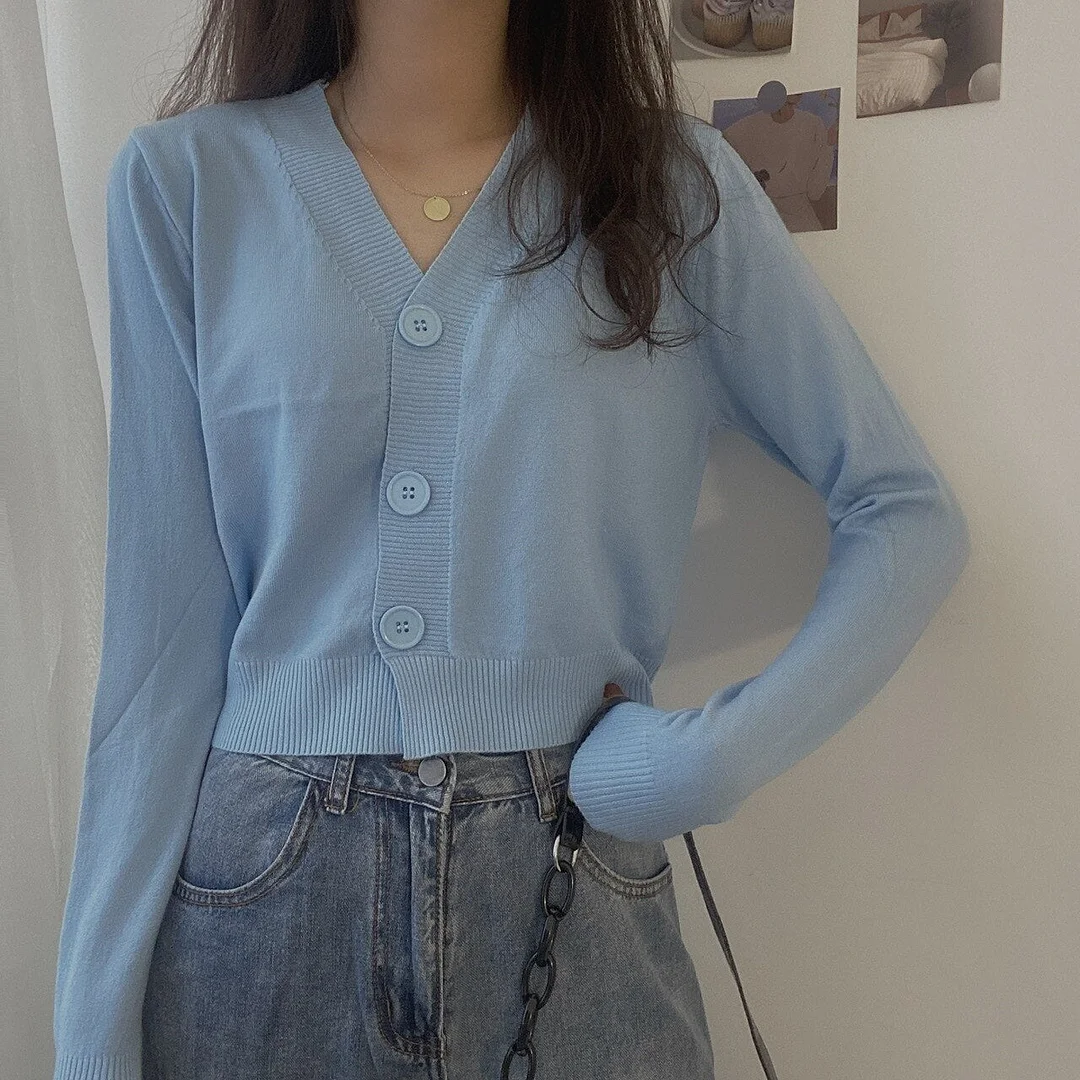 Sonicelife 2023 Autumn New Fall Outfits Button V-Neck Crop Cardigan Sweater Women Winter Korean Solid Long-Sleeved Short Knitted Tops White Black Green Blue