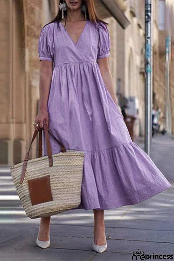 Women's Dresses Loose Solid V-Neck Short Sleeve Dress