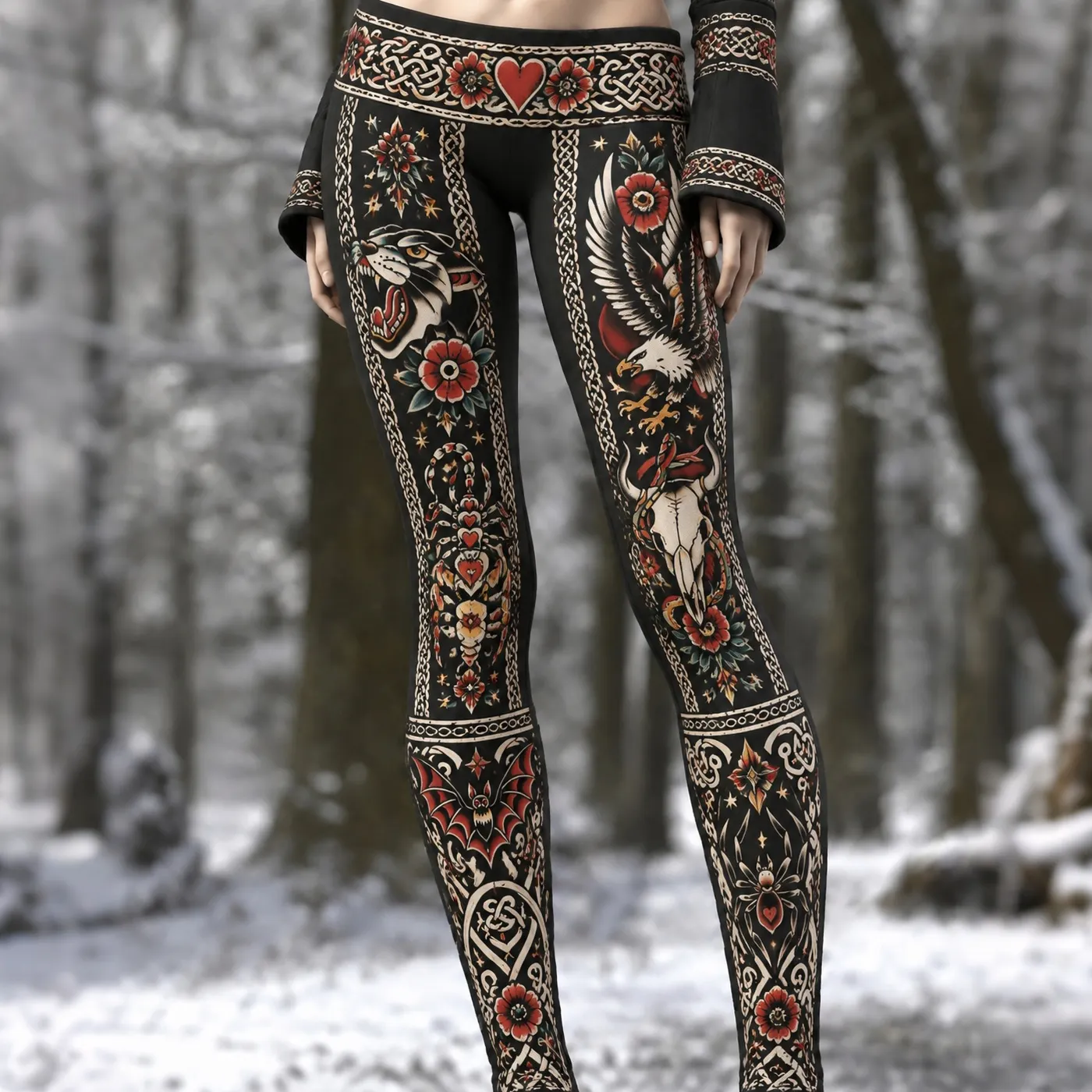 Comstylish Women's Retro Rose And Demon Print Skin-tone Leggings
