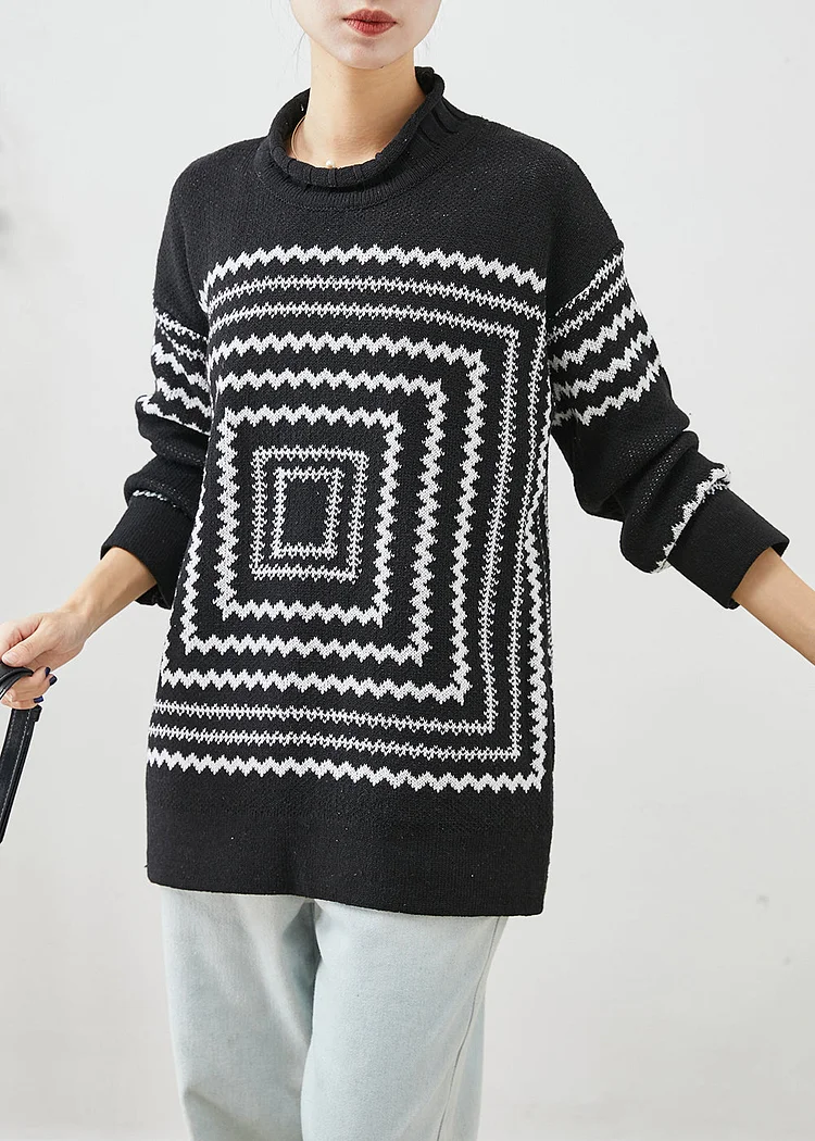 Chic Black Oversized Print Knit Sweaters Winter