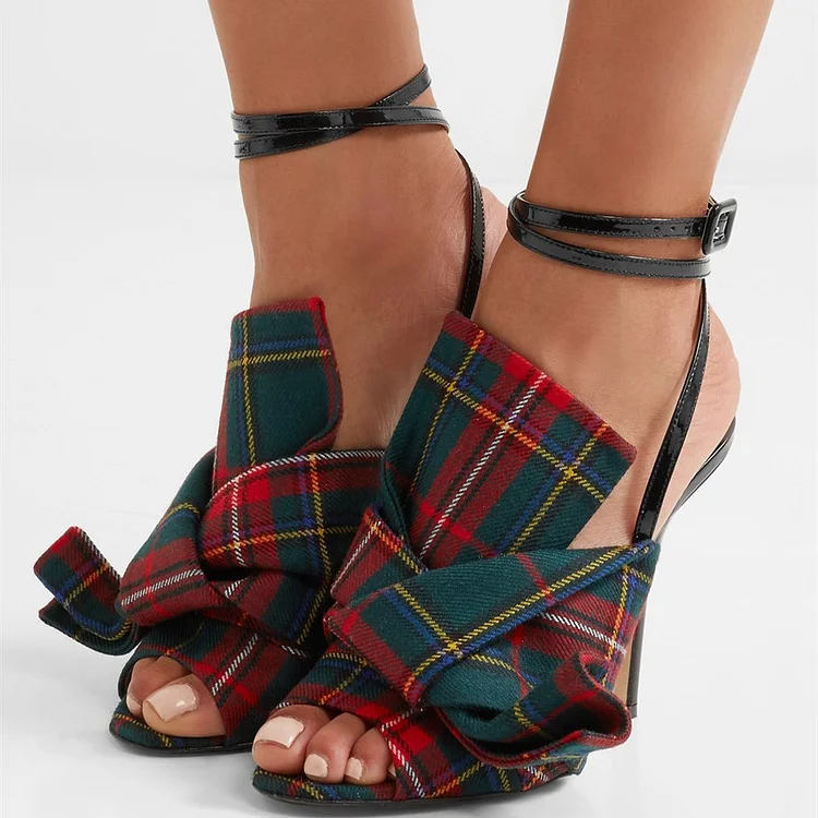 Red and Green Plaid Stiletto Heels Slingback Ankle Strap Sandals |FSJ Shoes
