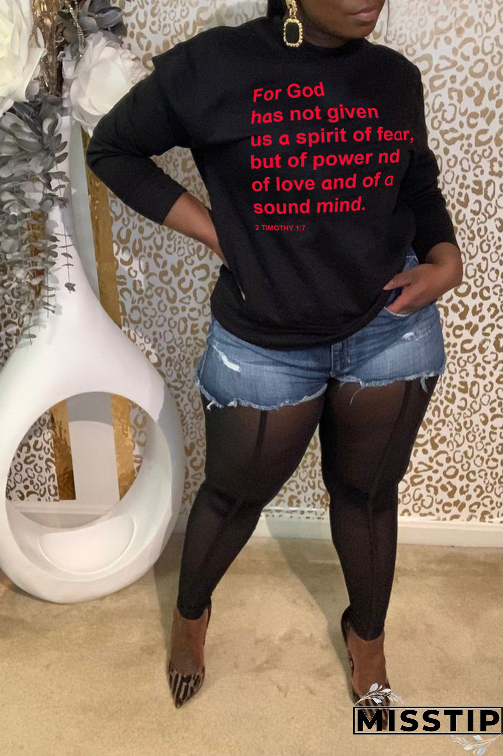 Blue Daily Print Letter O Neck Tops