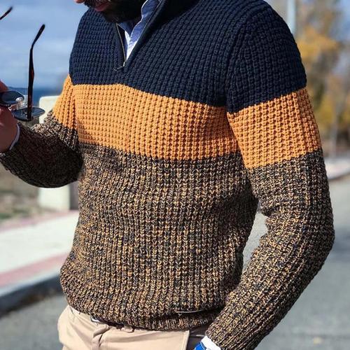 Men's Loose Fashion Long Sleeve V Neck Color Block Knit Sweater