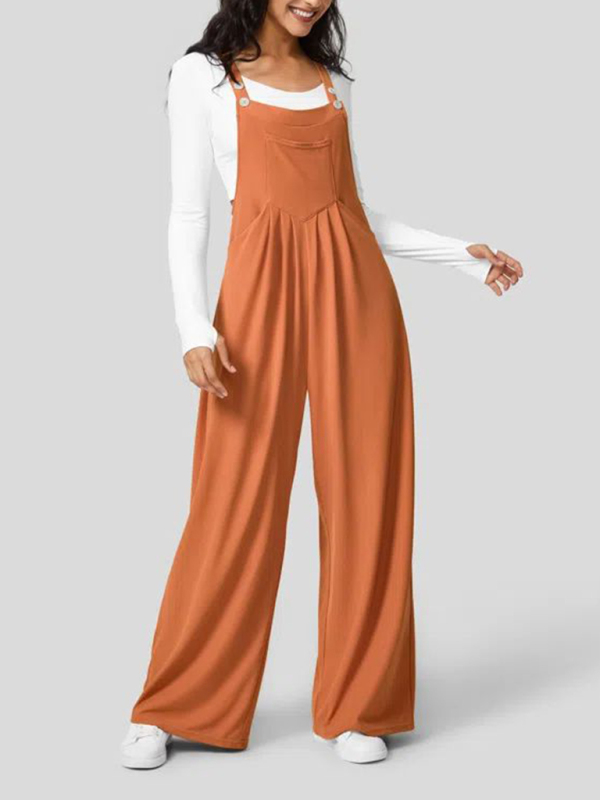 New loose solid color button pocket overalls Jumpsuit