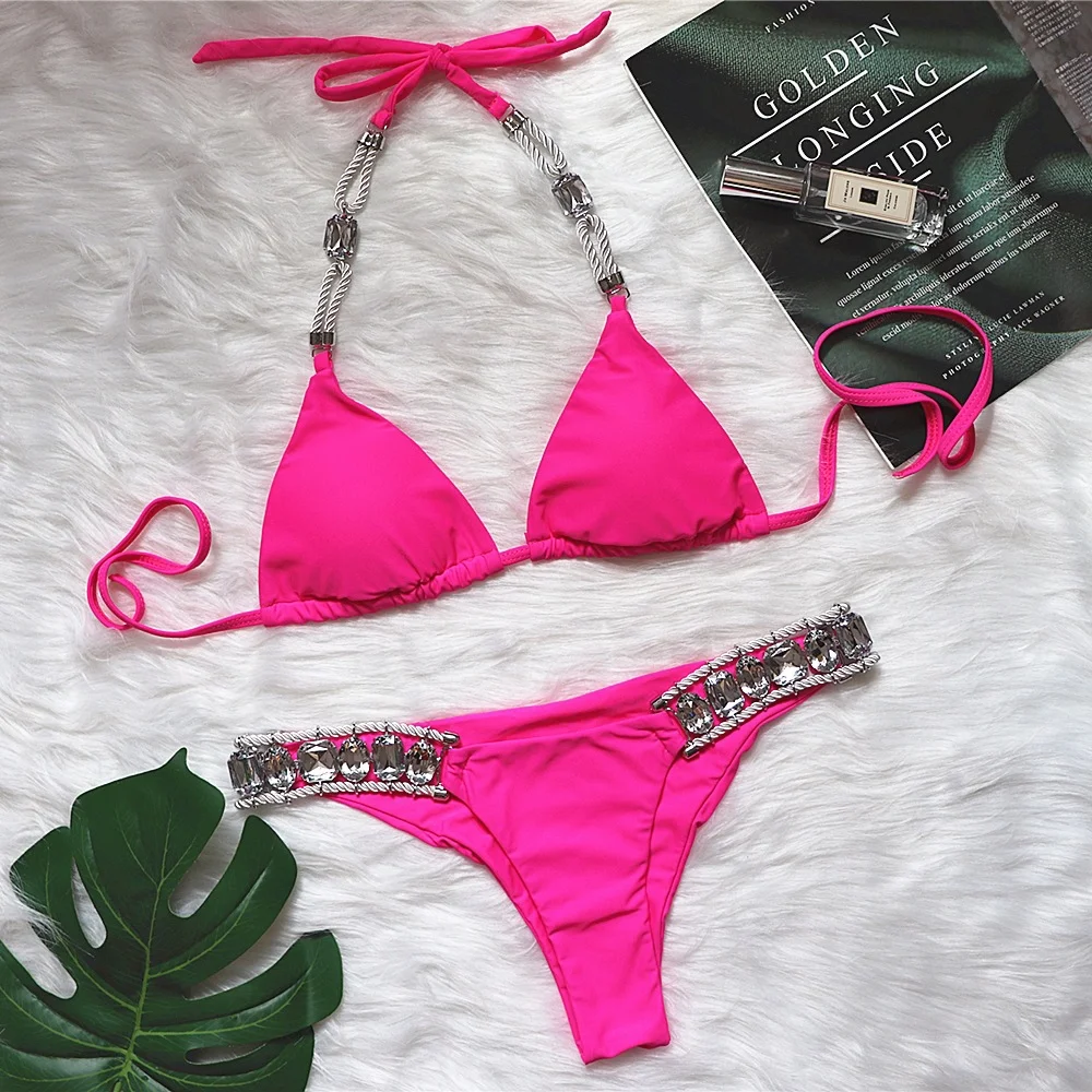 Ueong Ueong 2023 Swimsuit Sexy Crystal Diamond Women's Swimwear Plain Strap Backless Bikini