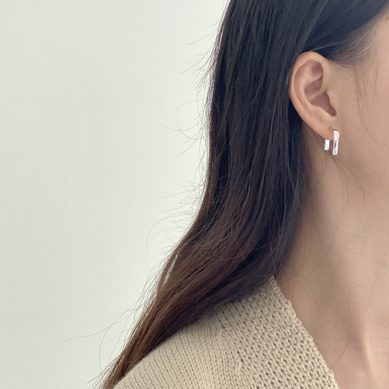 925 Sterling Silver Japanese / Korean Quadrilateral Droplet Silver Pearl Inlay Stud Earrings