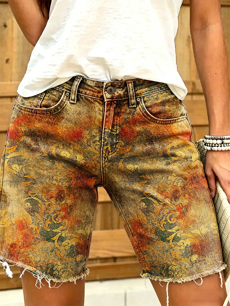 Women's Retro Ethnic Floral Art Print Casual Washed Cotton Denim Shorts