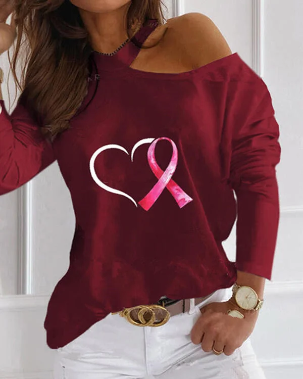 Print Love Heart One-Shoulder Long Sleeves Casual Blouses