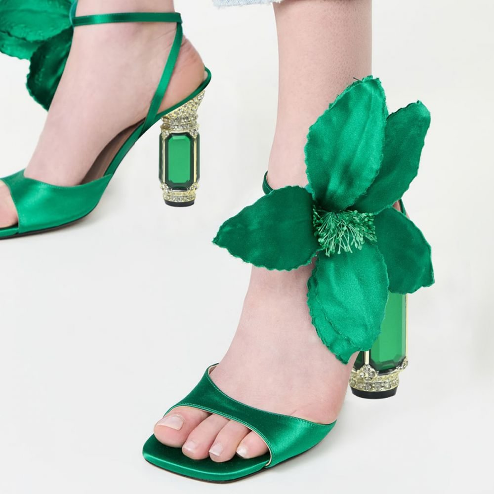 Green Satin Ankle Strap Sandals Decorative Heel Open Toe Heels Nicepairs