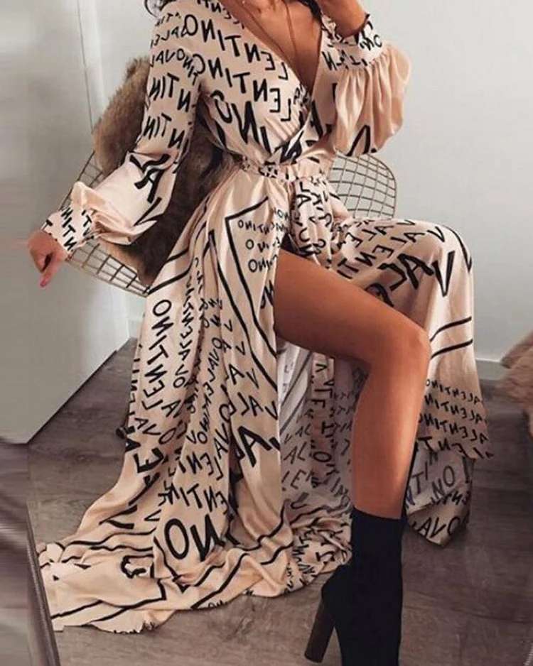 Letter Print Sexy Dress With Waist Slit