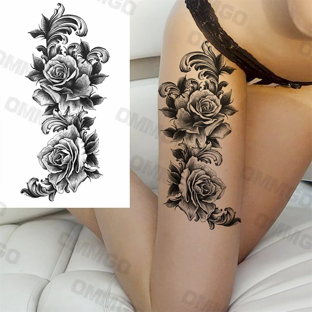 Sdrawing Rose Flower Skeleton Temporary Tattoos For Women Adult Girl Lion Tiger Crown Fake Tattoo Body Art Painting Tatoo Decal