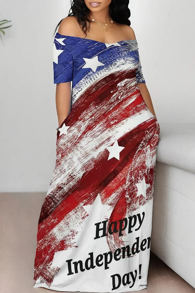 Plus Size Vacation Multicolor Independence Day All Over Print Off The Shoulder Pocket Maxi Dress 2024 - Xpluswear
