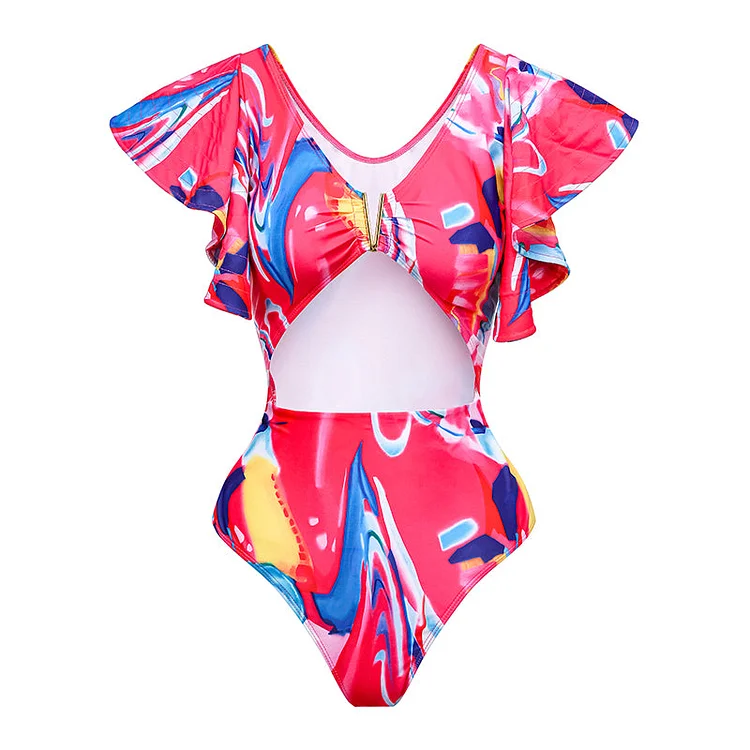 Ruffle Cutout Printed One Piece Swimsuit Flaxmaker