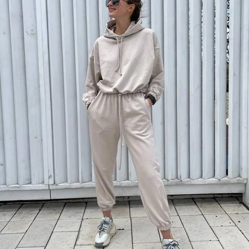 Women Casual Solid Pajama Set Long Sleeve Hoodie Sweatshirts And Drawstring Pant Two Piece Sets Autumn Winter Fashion Tracksuits