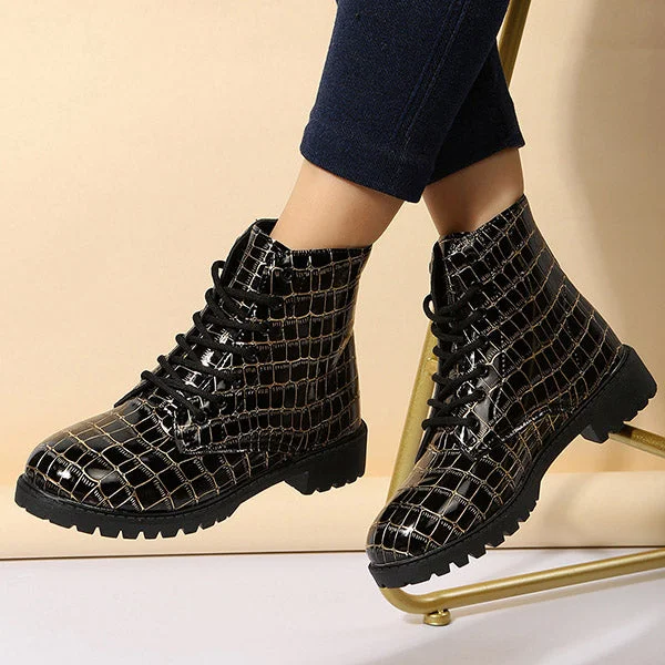 HUXM Fashion Grid Lace-Up Round Toe Thick Soled Martin Boots