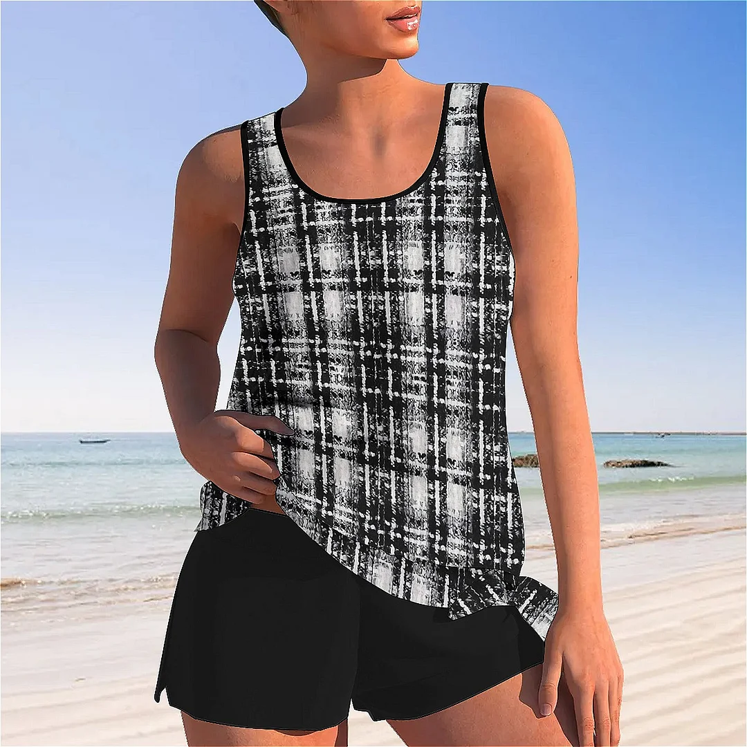 Bowknot Plaid,Black Mid Waisted Tankini Set - Plus Size Available