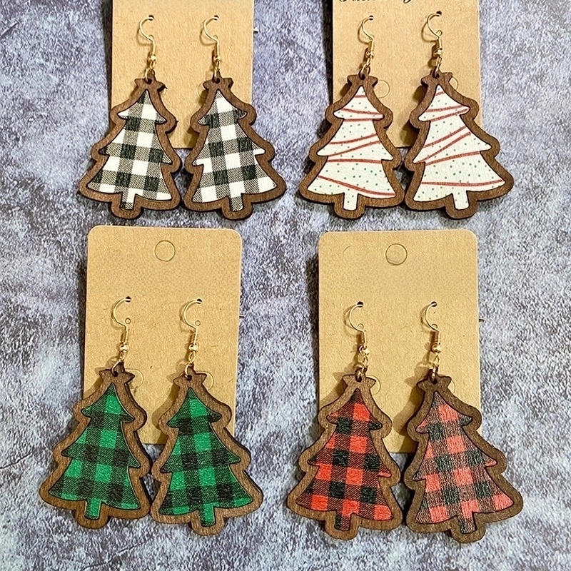 1 Pair Retro Christmas Tree Plaid Wood Drop Earrings