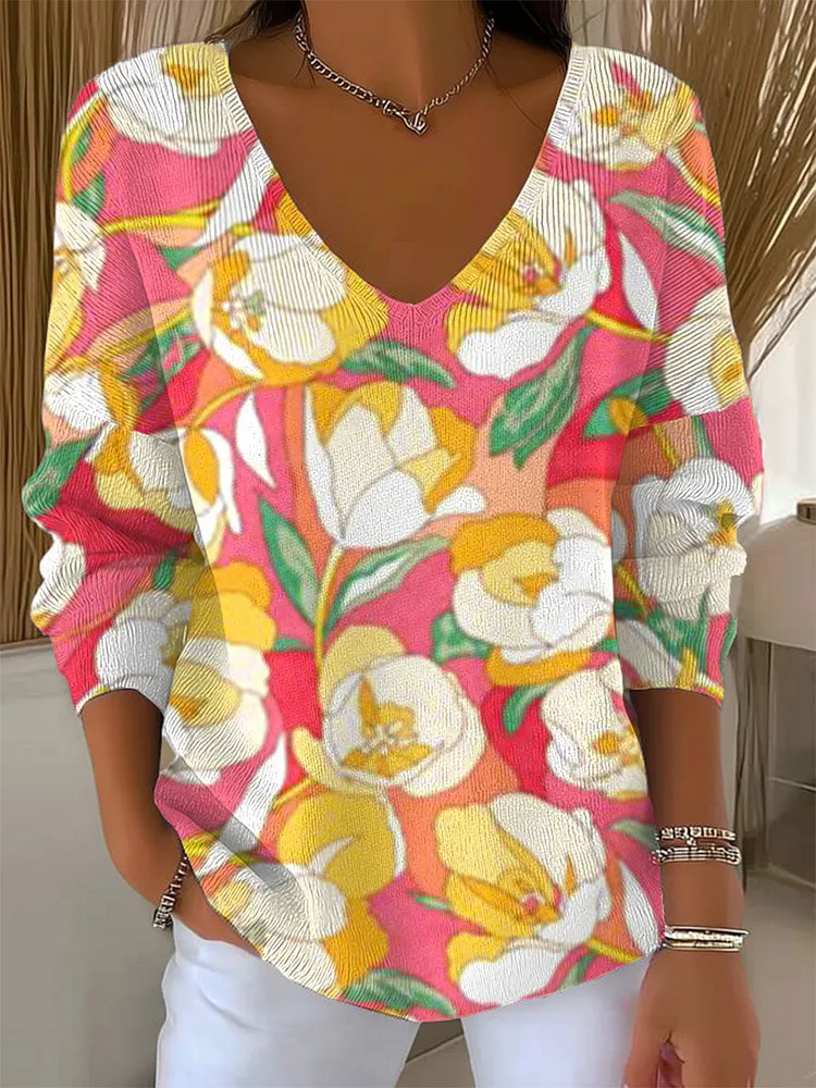 Women's Vintage Flower Art Print Casual Pullover Sweater