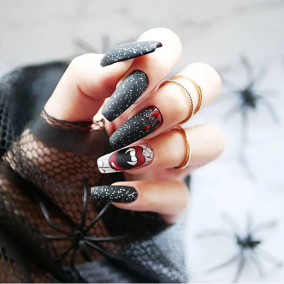 24pc/Box press on nails halloween Dark black Punk Ghost head tip nail pre design acrylic nail tip Full Cover Fake Nail 211-Nail Inspo